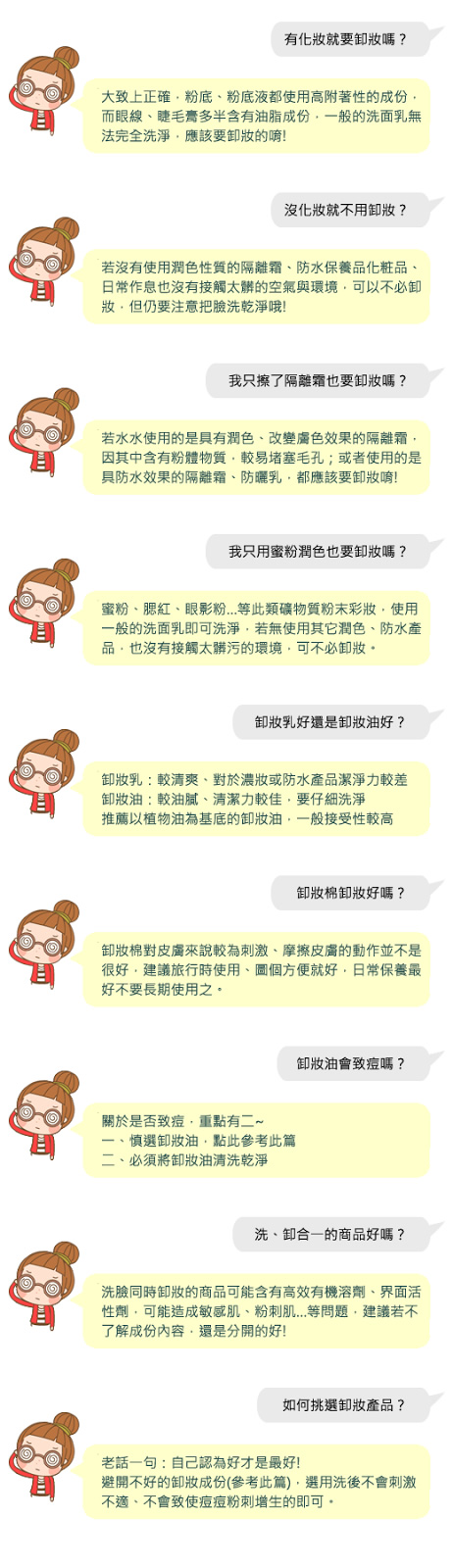 有化妝就要卸妝嗎？
大致上正確，粉底、粉底液都使用高附著性的成份，
而眼線、睫毛膏多半含有油脂成份，一般的洗面乳無
法完全洗淨，應該要卸妝的唷!

沒化妝就不用卸妝
若沒有使用潤色性質的隔離霜、防水保養品化粧品、
日常作息也沒有接觸太髒的空氣與環境，可以不必卸
妝，但仍要注意把臉洗乾淨哦!

我只擦了隔離霜也要卸妝嗎？
若水水使用的是具有潤色、改變膚色效果的隔離霜，
因其中含有粉體物質，較易堵塞毛孔；或者使用的是
具防水效果的隔離霜、防曬乳，都應該要卸妝唷!
我只用蜜粉潤色也要卸妝嗎？
蜜粉、腮紅、眼影粉…等此類礦物質粉末彩妝，使用
一般的洗面乳即可洗淨，若無使用其它潤色、防水產
品，也沒有接觸太髒污的環境，可不必卸妝。

卸妝乳好還是卸妝油好
卸妝乳：較清爽、對於濃妝或防水產品潔淨力較差
卸妝油：較油膩、清潔力較佳，要仔細洗淨
推薦以植物油為基底的卸妝油，一般接受性較高

卸妝棉卸妝好嗎？
卸妝棉對皮膚來說較為刺激、摩擦皮膚的動作並不是
很好，建議旅行時使用、圖個方便就好，日常保養最
好不要長期使用之。
如何挑選卸妝產品？
老話一句：自己認為好才是最好!
避開不好的卸妝成份(參考此篇)，選用洗後不會刺激
不適、不會致使痘痘粉刺增生的即可。